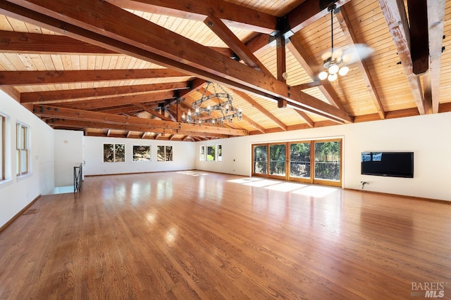 unfurnished living room with wood ceiling, high vaulted ceiling, beamed ceiling, and wood-type flooring