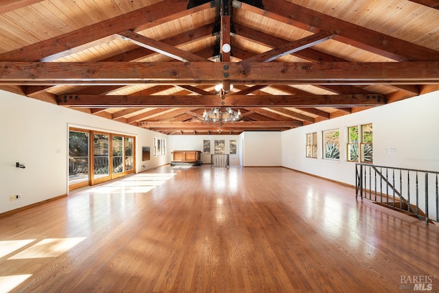 unfurnished living room featuring vaulted ceiling with beams, a notable chandelier, light hardwood / wood-style flooring, and wooden ceiling