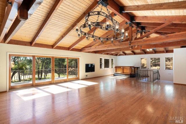 unfurnished living room with high vaulted ceiling, beamed ceiling, light hardwood / wood-style flooring, and wooden ceiling