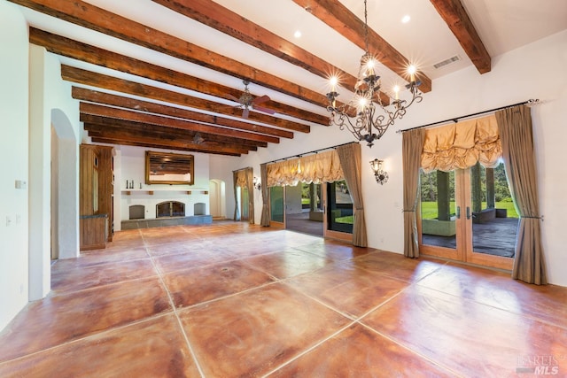 interior space featuring beam ceiling, french doors, and a notable chandelier