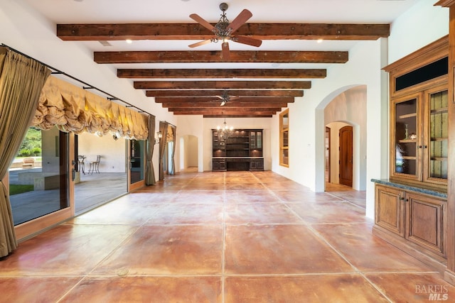 unfurnished living room featuring beamed ceiling, ceiling fan, and tile patterned flooring