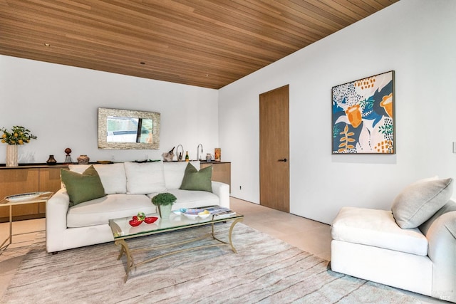 living room with wood ceiling