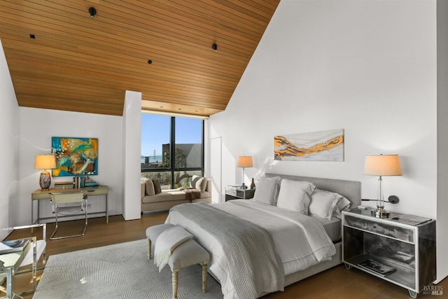 bedroom featuring wood ceiling, a wall of windows, and dark hardwood / wood-style floors