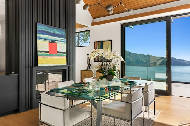 dining room featuring hardwood / wood-style flooring, a water and mountain view, wooden ceiling, and plenty of natural light