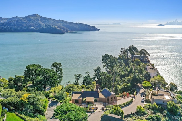 aerial view featuring a water and mountain view