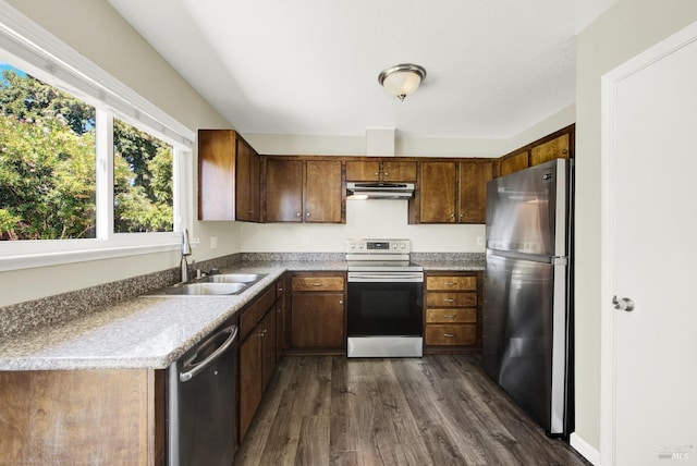 kitchen featuring stainless steel appliances, sink, and dark hardwood / wood-style flooring