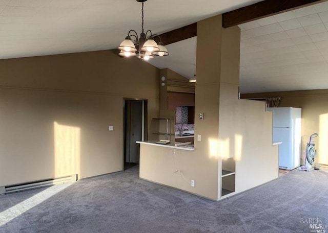 interior space with carpet flooring, a baseboard heating unit, vaulted ceiling with beams, and white refrigerator