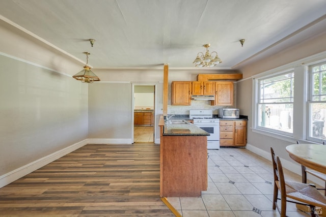 kitchen featuring stainless steel microwave, a sink, white gas stove, under cabinet range hood, and a notable chandelier