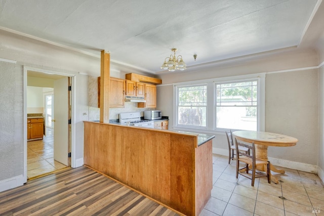 kitchen with a chandelier, under cabinet range hood, stainless steel microwave, a peninsula, and gas range gas stove