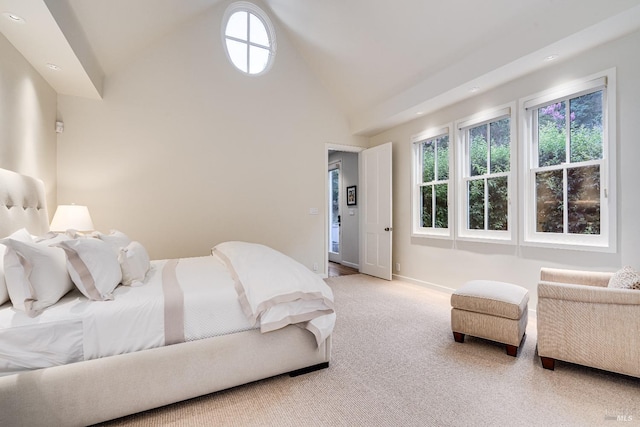 bedroom with carpet floors and lofted ceiling