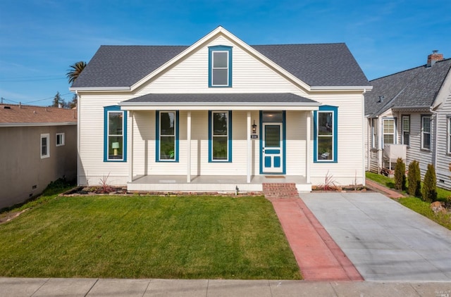 bungalow-style house with a front yard and a porch