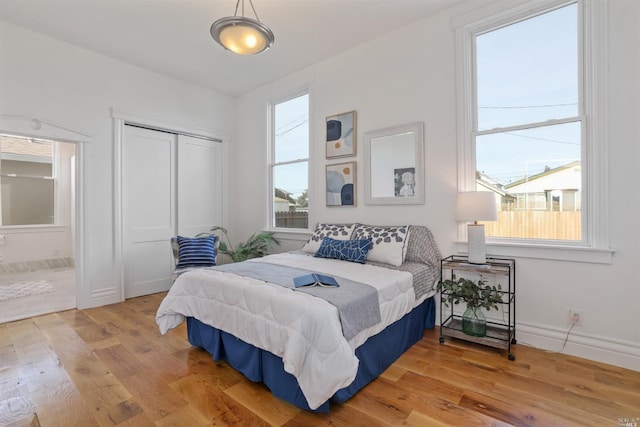 bedroom featuring light hardwood / wood-style floors and multiple windows