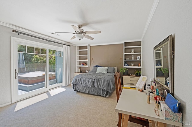 carpeted bedroom with visible vents, ornamental molding, a ceiling fan, and access to outside