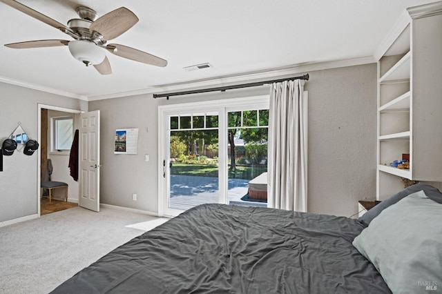 bedroom with carpet flooring, ornamental molding, baseboards, and access to outside