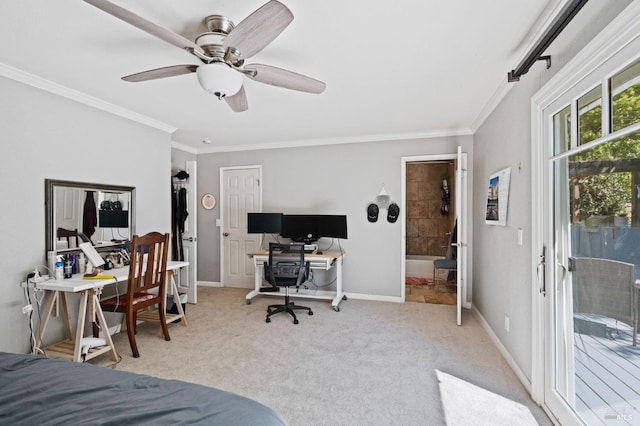 bedroom with baseboards, light colored carpet, ornamental molding, and access to outside