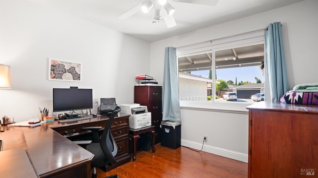 office space featuring wood-type flooring and ceiling fan