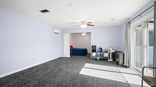 interior space featuring ceiling fan, an AC wall unit, visible vents, and baseboards