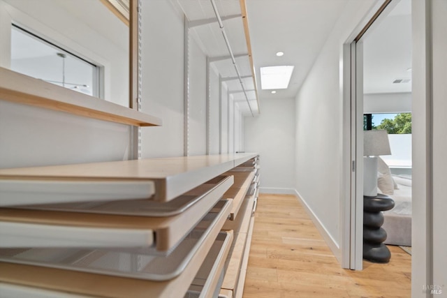 spacious closet with light wood finished floors and a skylight