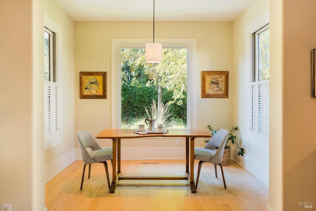 dining area featuring light wood-type flooring and plenty of natural light