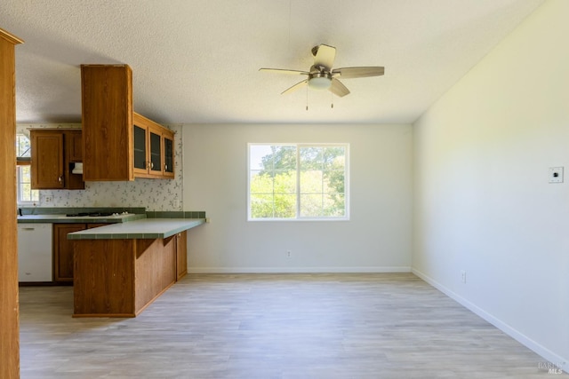 kitchen featuring ceiling fan, dishwasher, light hardwood / wood-style floors, and kitchen peninsula