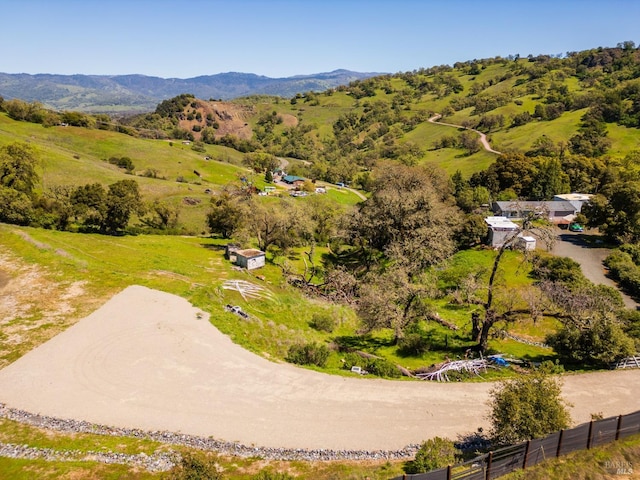 birds eye view of property featuring a mountain view and a rural view