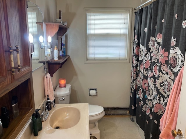 bathroom featuring tile patterned floors, walk in shower, toilet, and sink