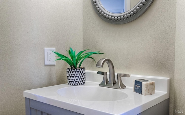 interior details with a textured wall and vanity