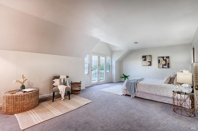 bedroom with lofted ceiling, access to outside, carpet flooring, and baseboards