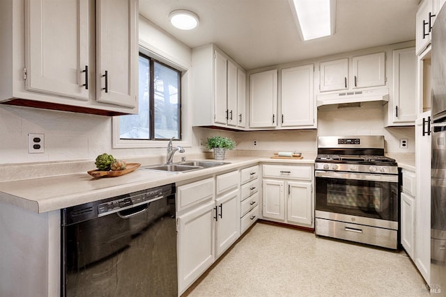 kitchen featuring black dishwasher, stainless steel range with gas stovetop, light countertops, under cabinet range hood, and a sink