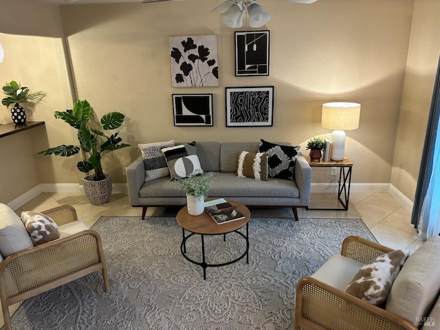 living room with light tile patterned flooring and ceiling fan