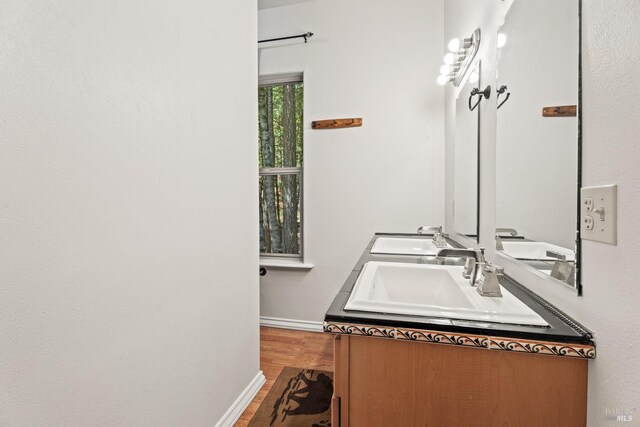 bathroom with double vanity, wood finished floors, a sink, and baseboards