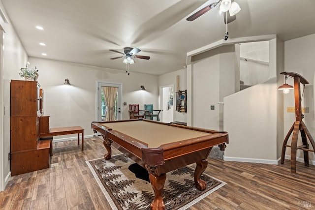 playroom featuring recessed lighting, pool table, wood finished floors, a ceiling fan, and baseboards