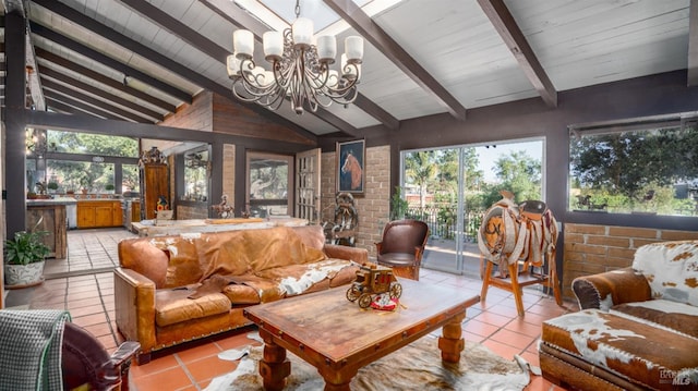 sunroom featuring vaulted ceiling with beams and an inviting chandelier