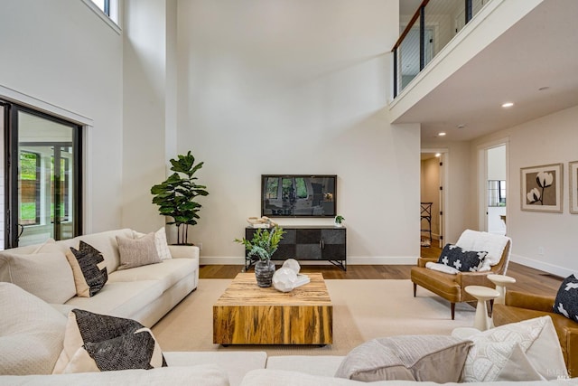 living room with a high ceiling and hardwood / wood-style flooring