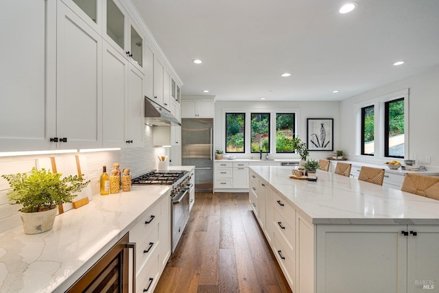 kitchen featuring a kitchen island, dark hardwood / wood-style floors, light stone countertops, high quality appliances, and white cabinetry