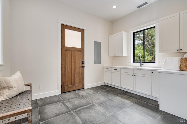 interior space with electric panel and sink