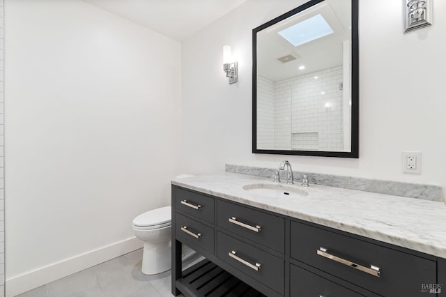 full bathroom with baseboards, a shower, toilet, tile patterned flooring, and vanity