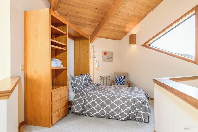 bedroom featuring wood ceiling, carpet, and lofted ceiling with beams