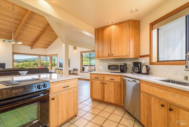 kitchen featuring pendant lighting, backsplash, light tile patterned floors, wood ceiling, and stainless steel appliances