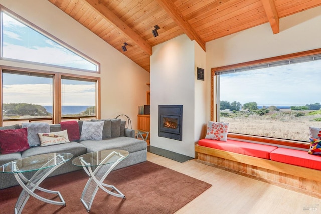 living room with high vaulted ceiling, beam ceiling, wooden ceiling, and hardwood / wood-style floors