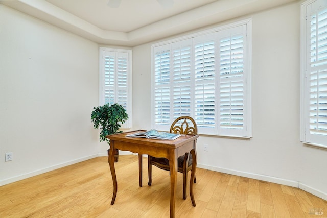 home office with a healthy amount of sunlight and light hardwood / wood-style flooring