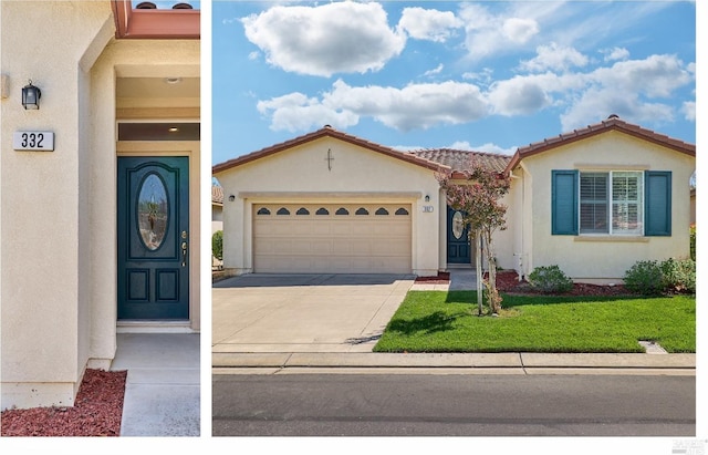 view of front of house with a garage and a front lawn