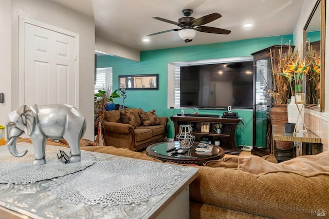 living room with ceiling fan