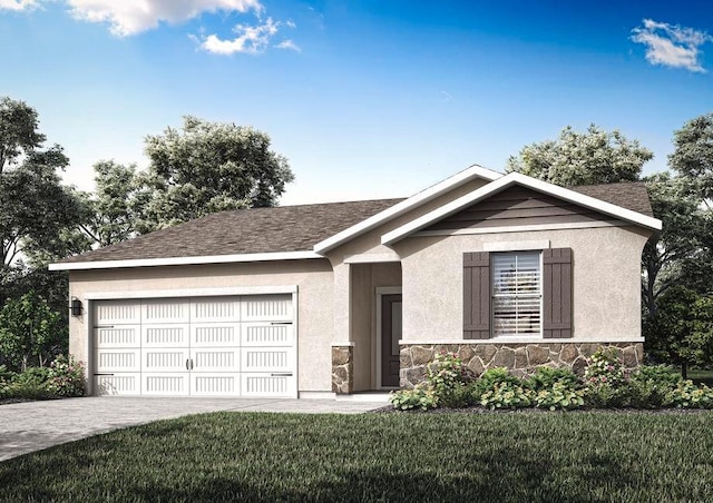 single story home featuring a garage, stone siding, driveway, stucco siding, and a front yard