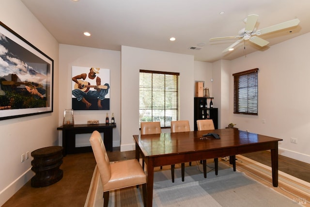 office space featuring visible vents, baseboards, a ceiling fan, and recessed lighting