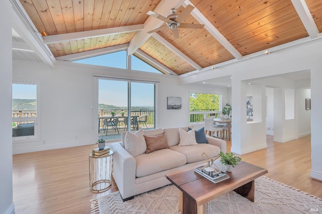 living room with ceiling fan, vaulted ceiling with beams, light wood-type flooring, and wooden ceiling