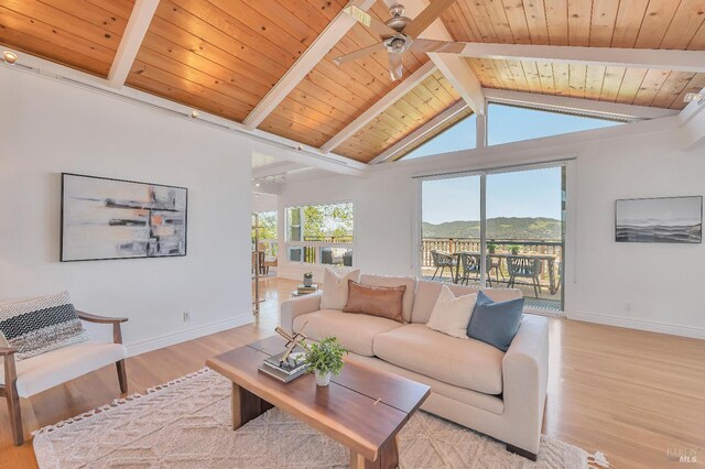 living room featuring beamed ceiling, wooden ceiling, light hardwood / wood-style floors, high vaulted ceiling, and ceiling fan