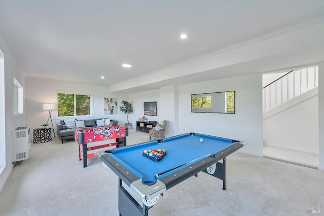 game room featuring crown molding, billiards, heating unit, and carpet