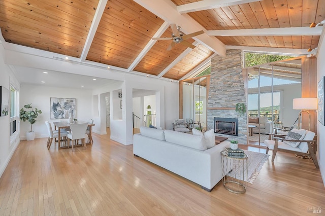 living room featuring a fireplace, wooden ceiling, light hardwood / wood-style flooring, ceiling fan, and high vaulted ceiling