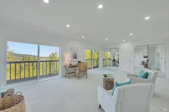 living room featuring light carpet